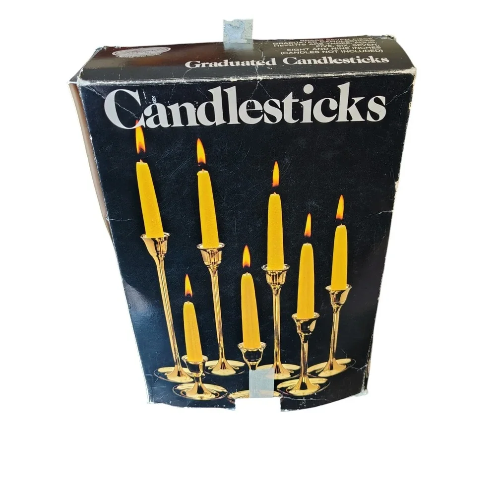 Vintage 7 Pc Brass Candle Holder Set Graduating Sizes
